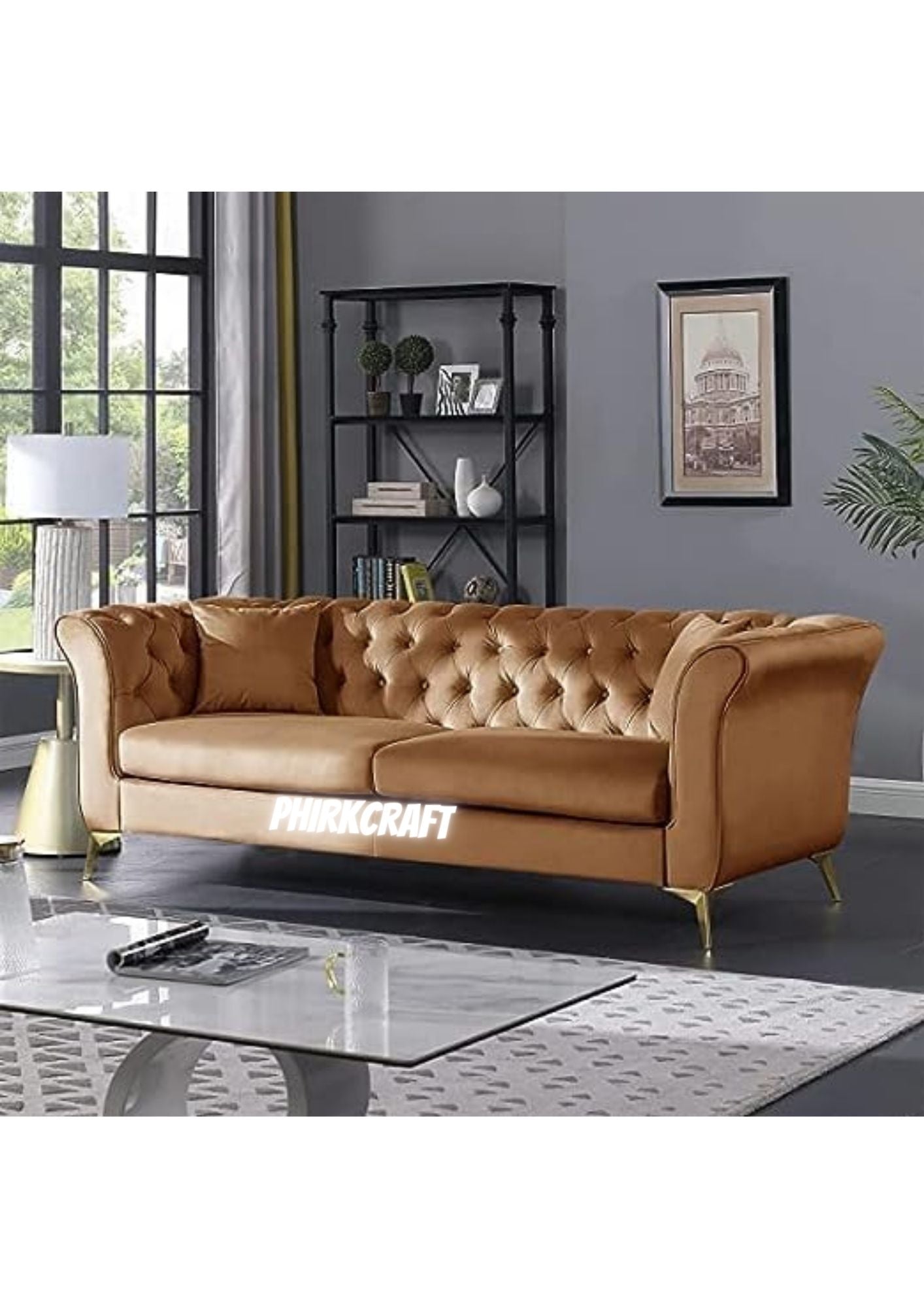 Solid Wood Velvet Touch Fabric 3 Seater Sofa With Metal Legs (Golden)