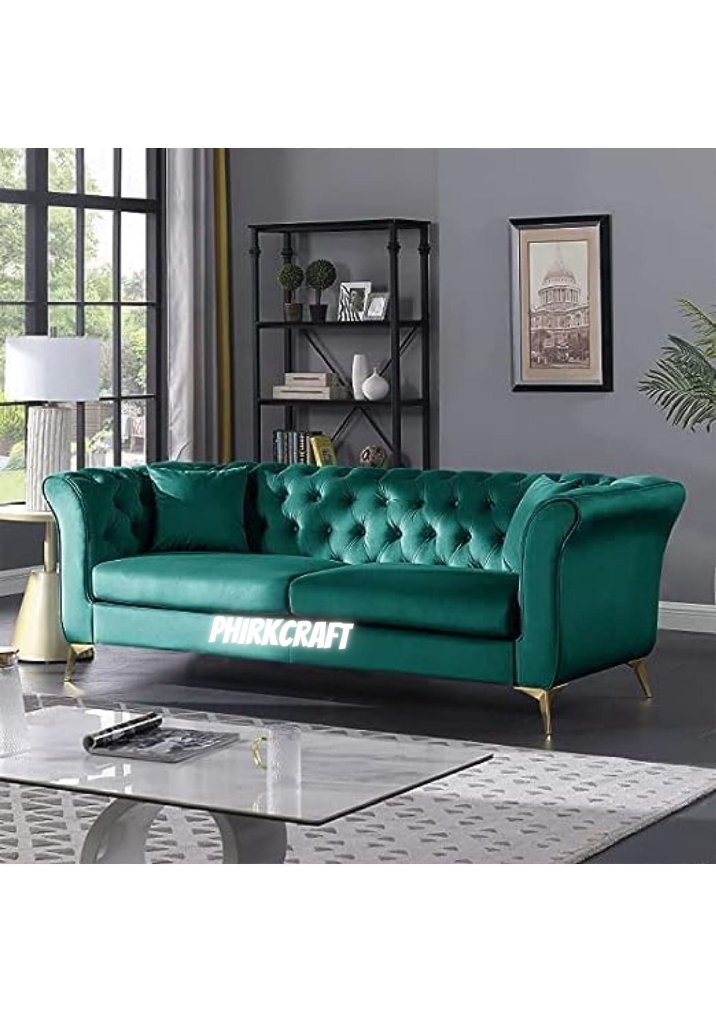 Solid Wood Velvet Touch Fabric 3 Seater Sofa With Metal Legs (Green Finish)