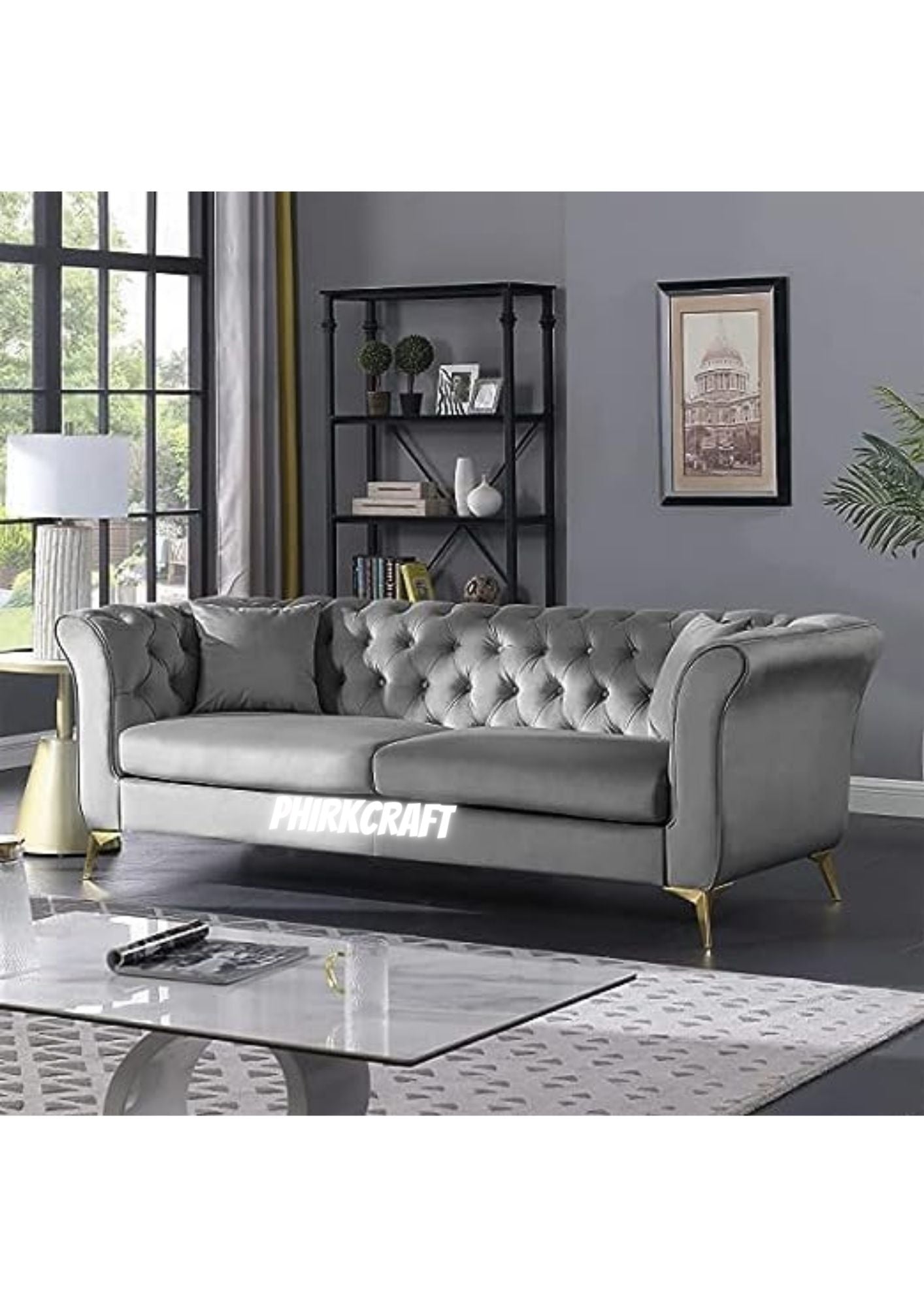 Solid Wood Velvet Touch Fabric 3 Seater Sofa With Metal Legs (Grey)