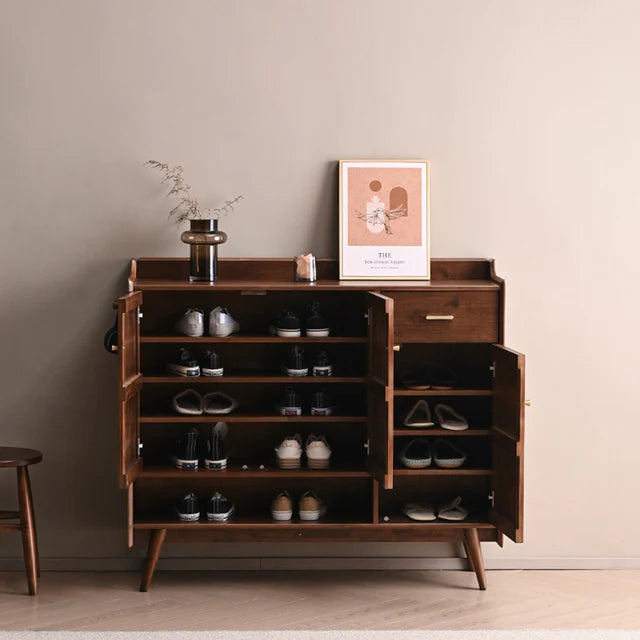 Rustic Wood Shoe Storage Bench with Sliding Doors