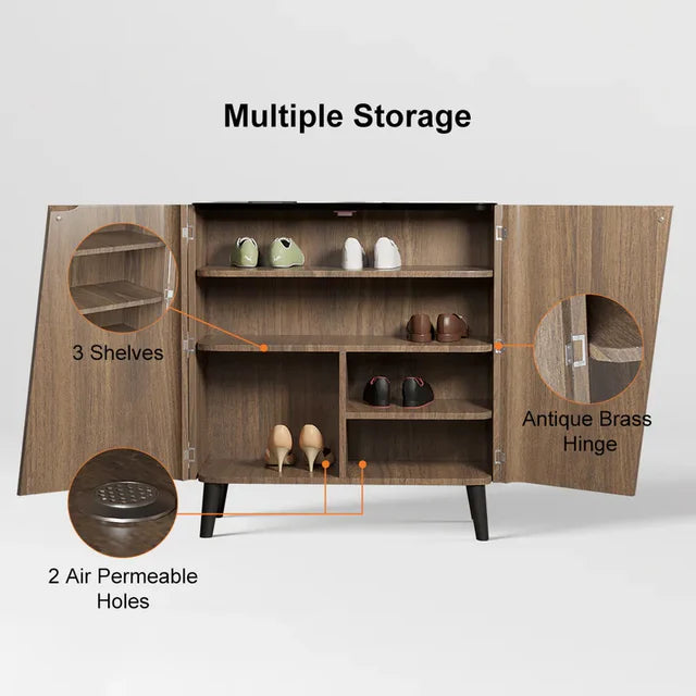 Rustic Wood Shoe Storage Bench with Sliding Doors