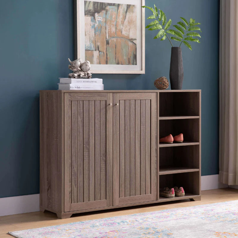 Rustic Wood Shoe Storage Bench with Sliding Doors