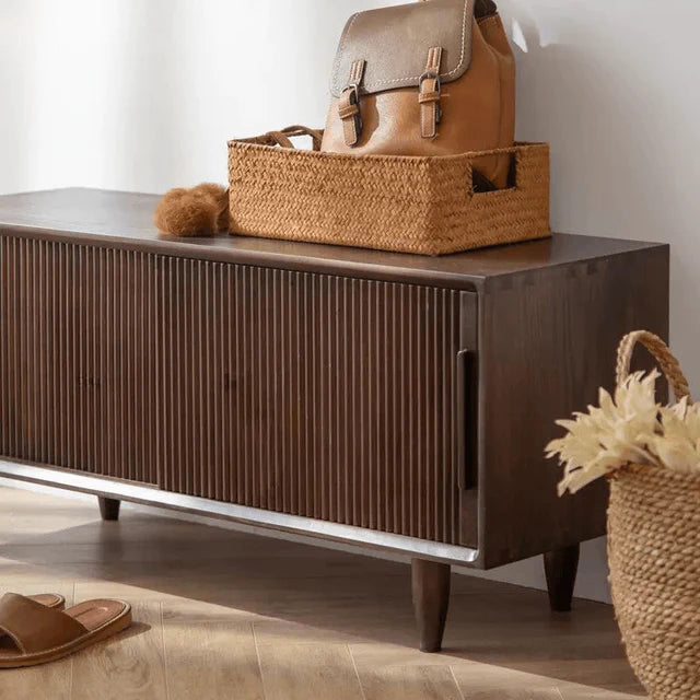 Rustic Wood Shoe Storage Bench with Sliding Doors
