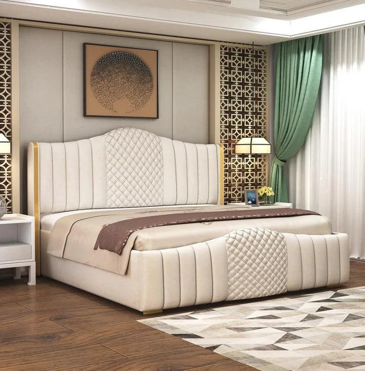Solid Wood Double Bed with Box Storage (Beige)
