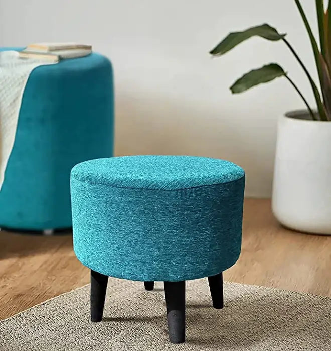 blue color wooden ottoman stool with 4 legs made of mango wood