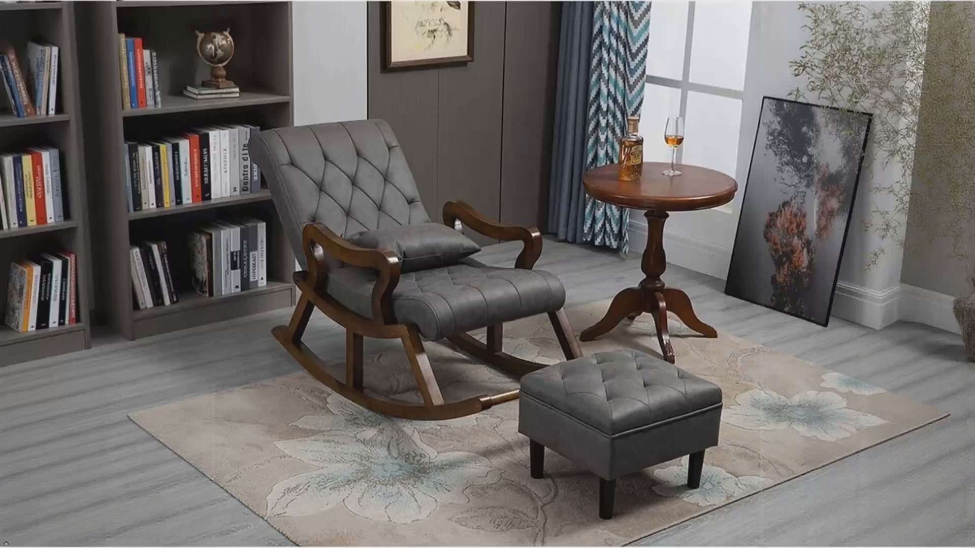 Handcrafted Sheesham Wood Rocking Chair With Ottoman| Aaram Kursi | Resting Arm Chair with Ottoman/Footrest (Grey)