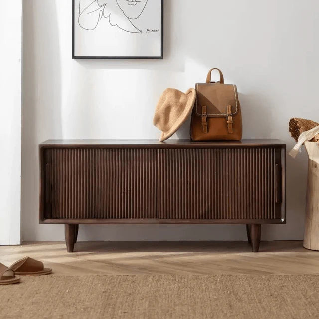 Rustic Wood Shoe Storage Bench with Sliding Doors