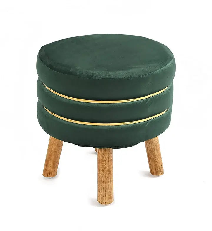 wooden ottoman green color stool with golden belt.webp